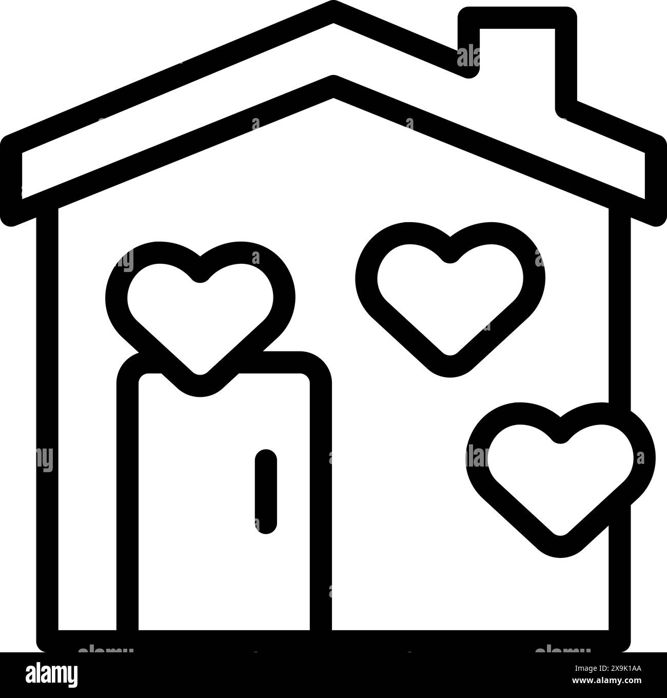 Black outline of a house with three heart symbols representing love and ...