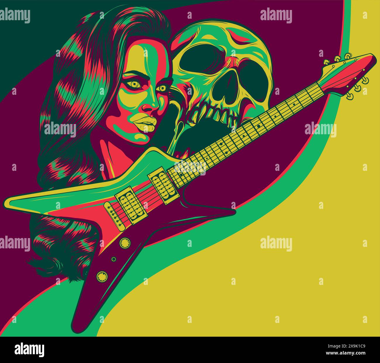 vector illustration of guitar with skull and girl head Stock Vector ...
