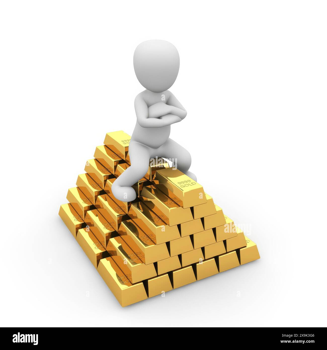 Trader in a mountain of gold Stock Photo