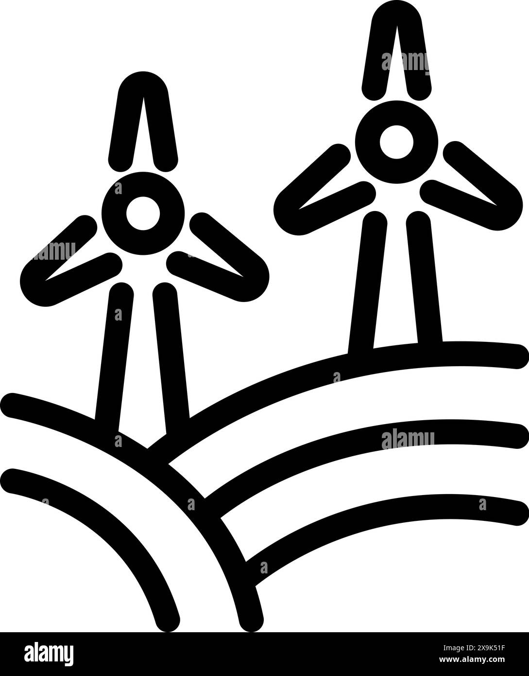 Simplistic icon illustrating wind turbines on rolling hills ...