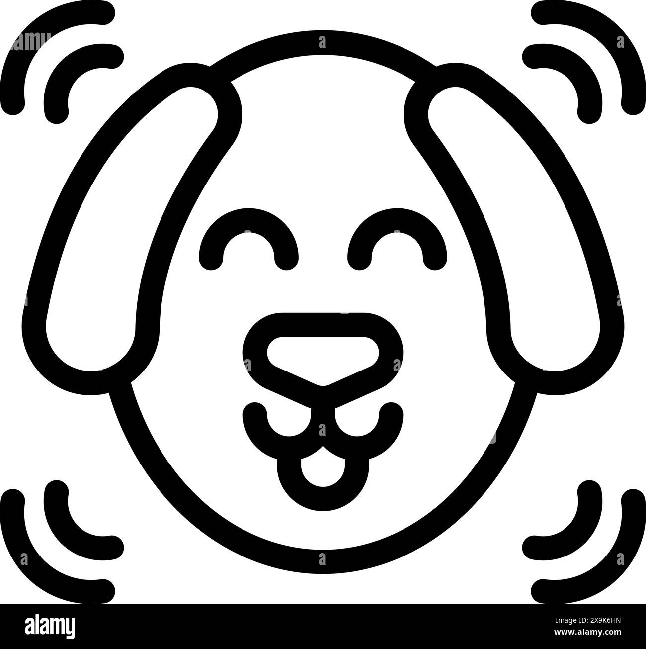 Black and white vector illustration of a cheerful dog's face with sound