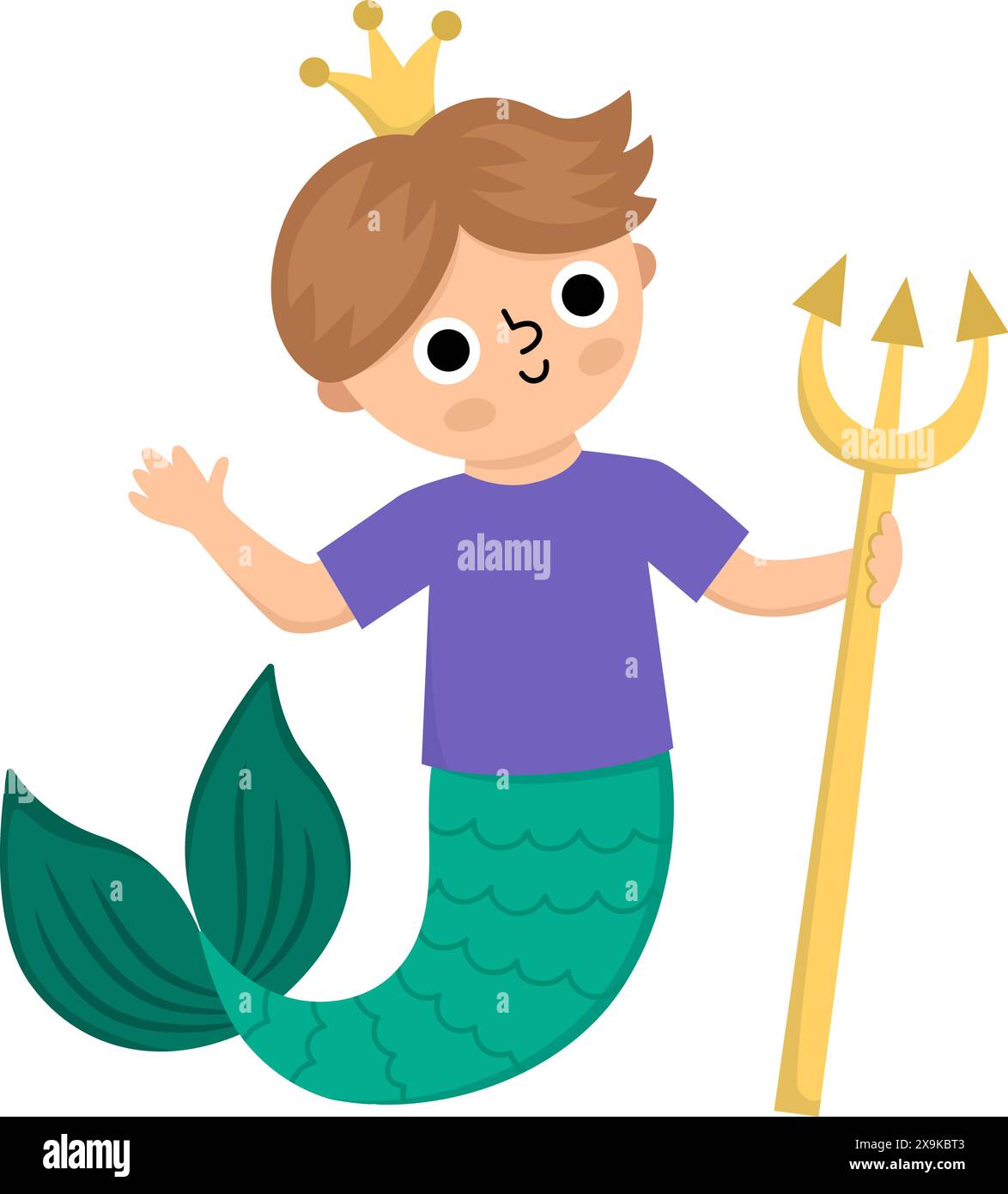 Fairy tale vector mermaid boy with golden trident. Fantasy fish man isolated on white background. Fairytale sea prince. Treasure island, pirate advent Stock Vector