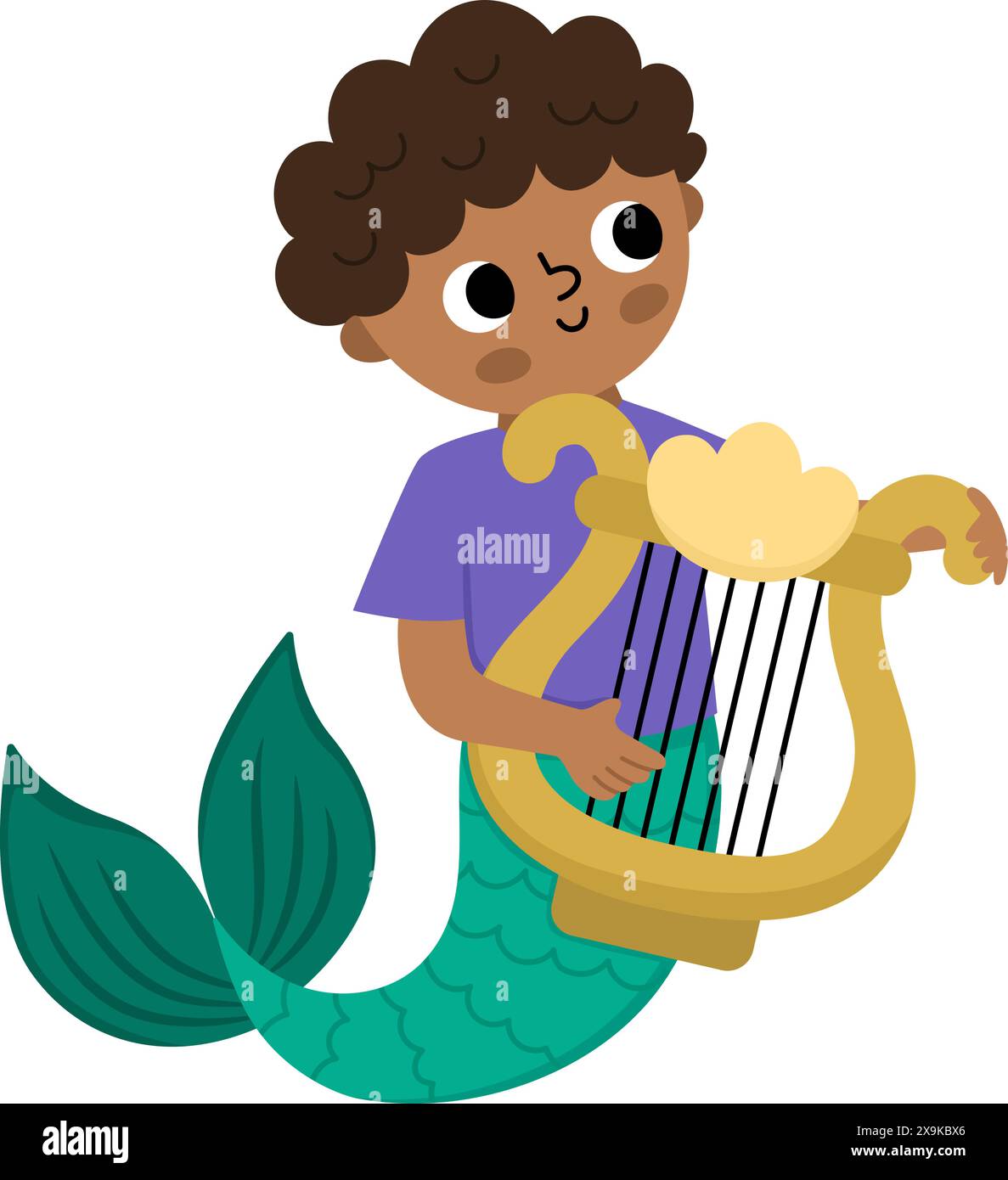 Fairy tale vector dark skinned mermaid boy with golden harp. Fantasy fish man isolated on white background. Fairytale sea prince. Treasure island icon Stock Vector