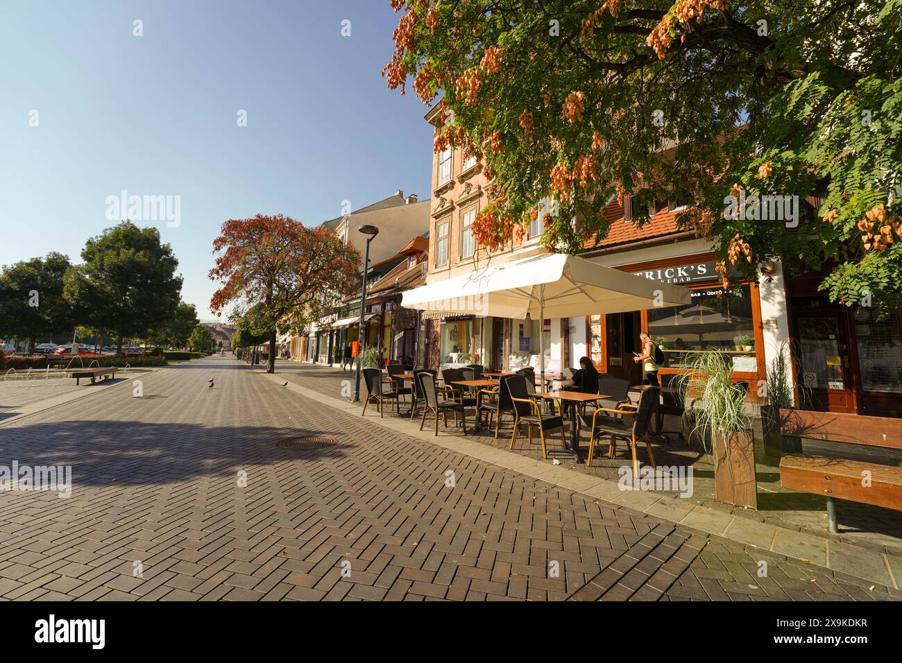 Sopron cityscape of Várkerület Street with outdoor restaurants and cafes. A wide, beautiful brick paved avenue with Roman ruins, landmarks in Hungary. Stock Photo