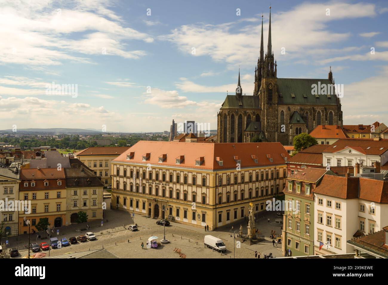 Brno cityscape, aerial skyline view of the Old Town with the Cathedral of St. Peter and Paul from the landmark Old Town Hall, Stará Radnice in Czechia. Stock Photo