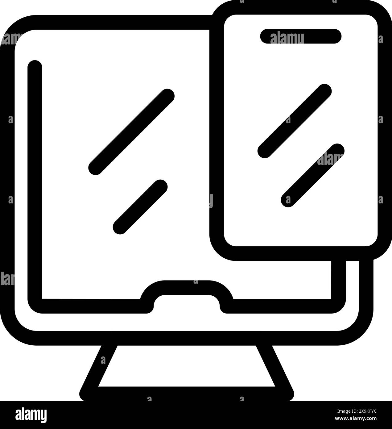 Black line art icon of a computer and mobile device representing ...