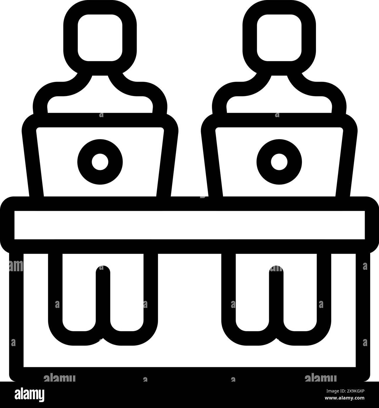 Black and white line art of two figures at podiums, representing public speaking or debate Stock Vector