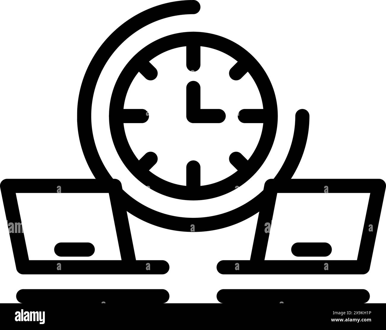Bold line icon symbolizing efficient time use between two laptops Stock Vector