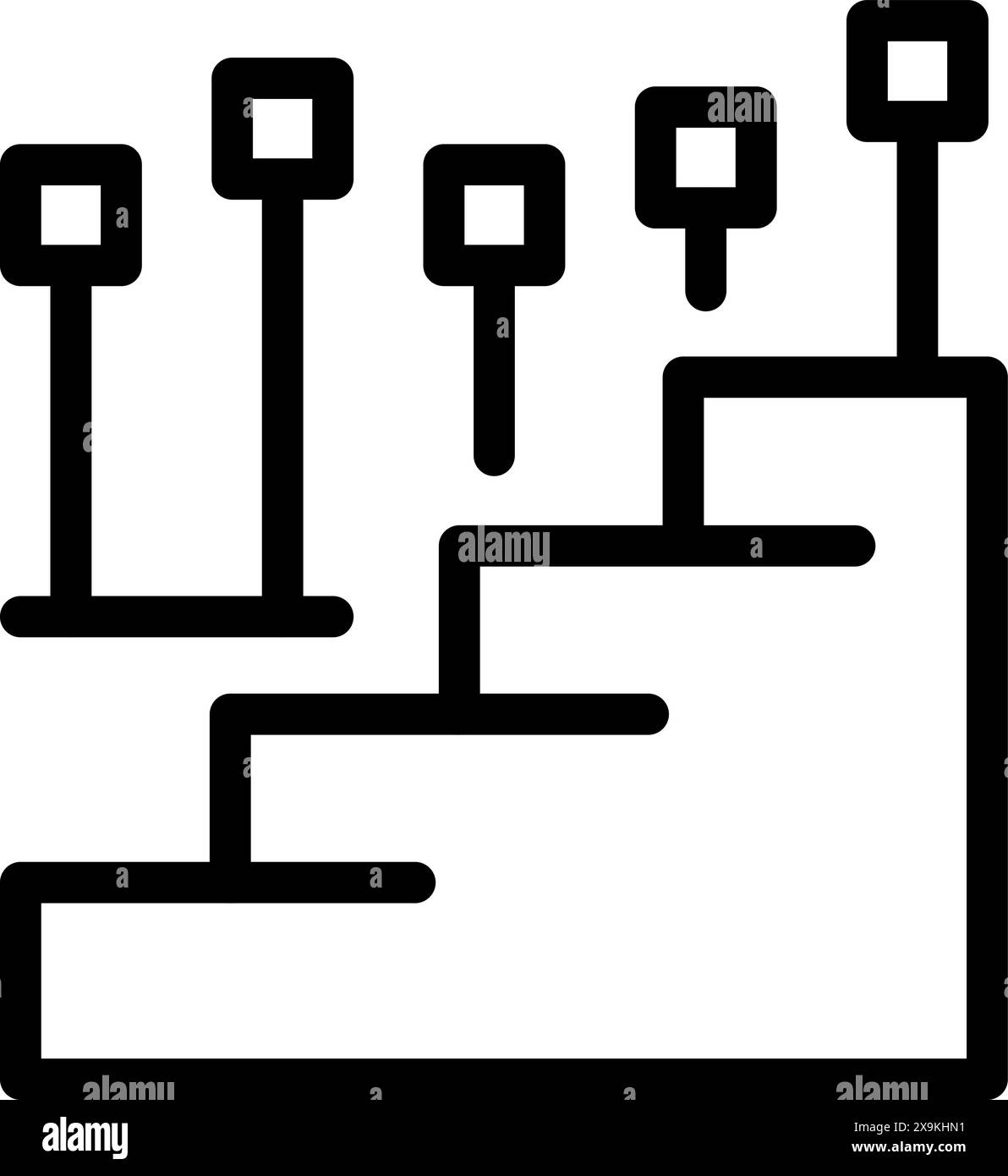 Black and white vector icon illustration representing a bar chart with data points for analytics Stock Vector