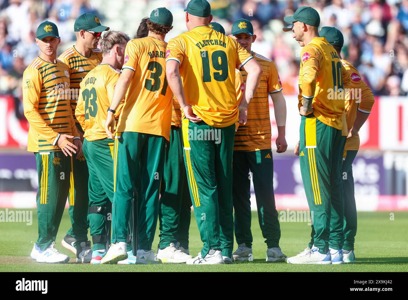 Birmingham, UK. 01st June, 2024. Notts CCC celebrate the dismissal of Alex Davies during the Vitality T20 Blast match between Birmingham Bears and Notts Outlaws at Edgbaston Cricket Ground, Birmingham, England on 1 June 2024. Photo by Stuart Leggett. Editorial use only, license required for commercial use. No use in betting, games or a single club/league/player publications. Credit: UK Sports Pics Ltd/Alamy Live News Stock Photo