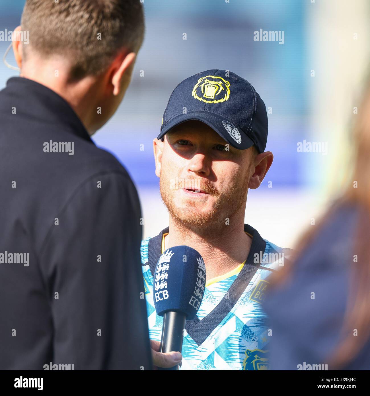 Birmingham, UK. 01st June, 2024. Alex Davies is interviewed after winning the toss, and announcers his decision to bat first during the Vitality T20 Blast match between Birmingham Bears and Notts Outlaws at Edgbaston Cricket Ground, Birmingham, England on 1 June 2024. Photo by Stuart Leggett. Editorial use only, license required for commercial use. No use in betting, games or a single club/league/player publications. Credit: UK Sports Pics Ltd/Alamy Live News Stock Photo