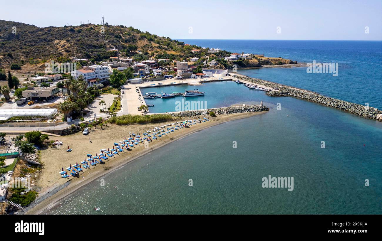 Aerial drone view of Kato Pyrgos, Greek Cypriot village, Republic of Cyprus. Stock Photo