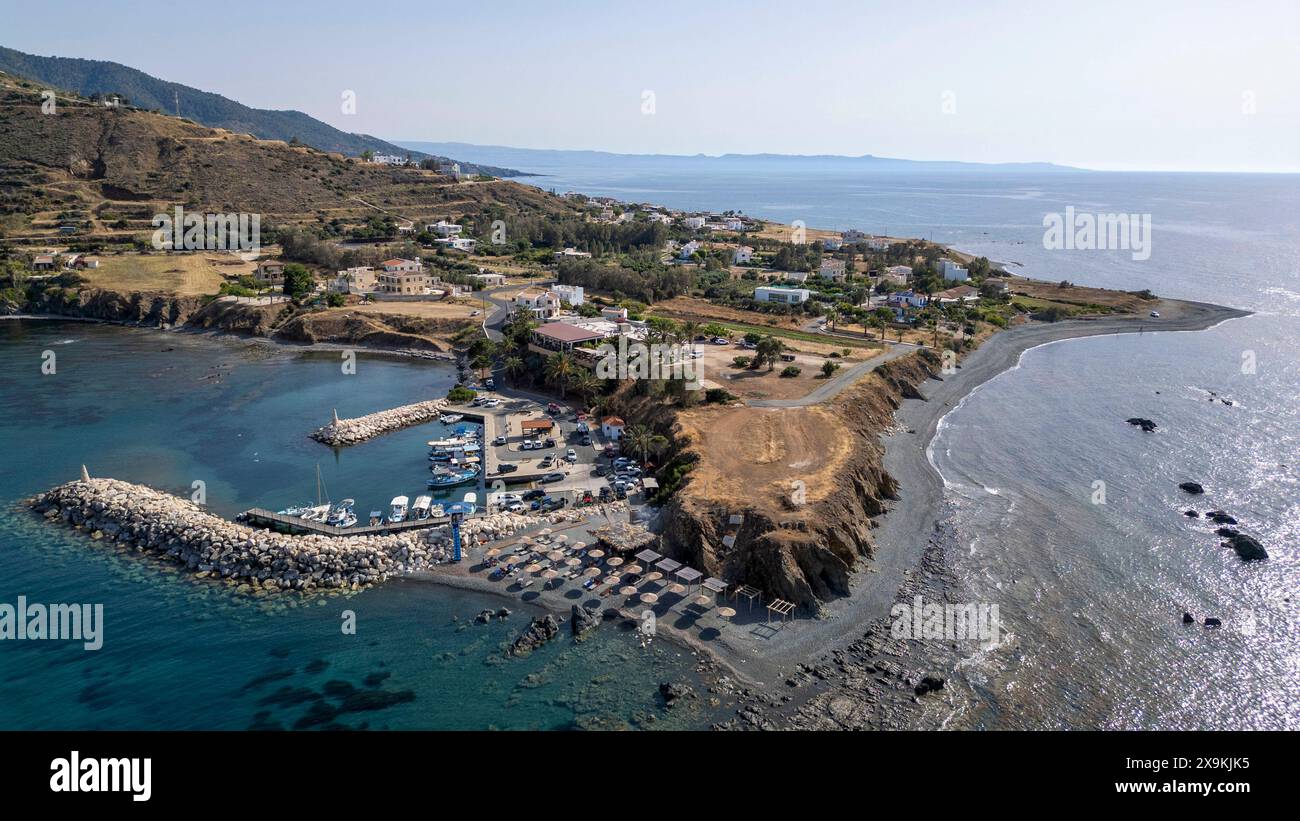 Aerial drone view of Pomos harbour, Pomos, Republic of Cyprus. Stock Photo