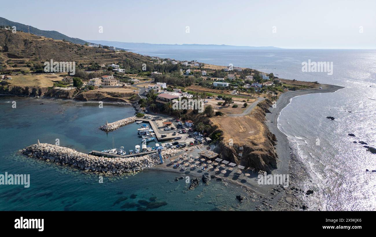 Aerial drone view of Pomos harbour, Pomos, Republic of Cyprus. Stock Photo
