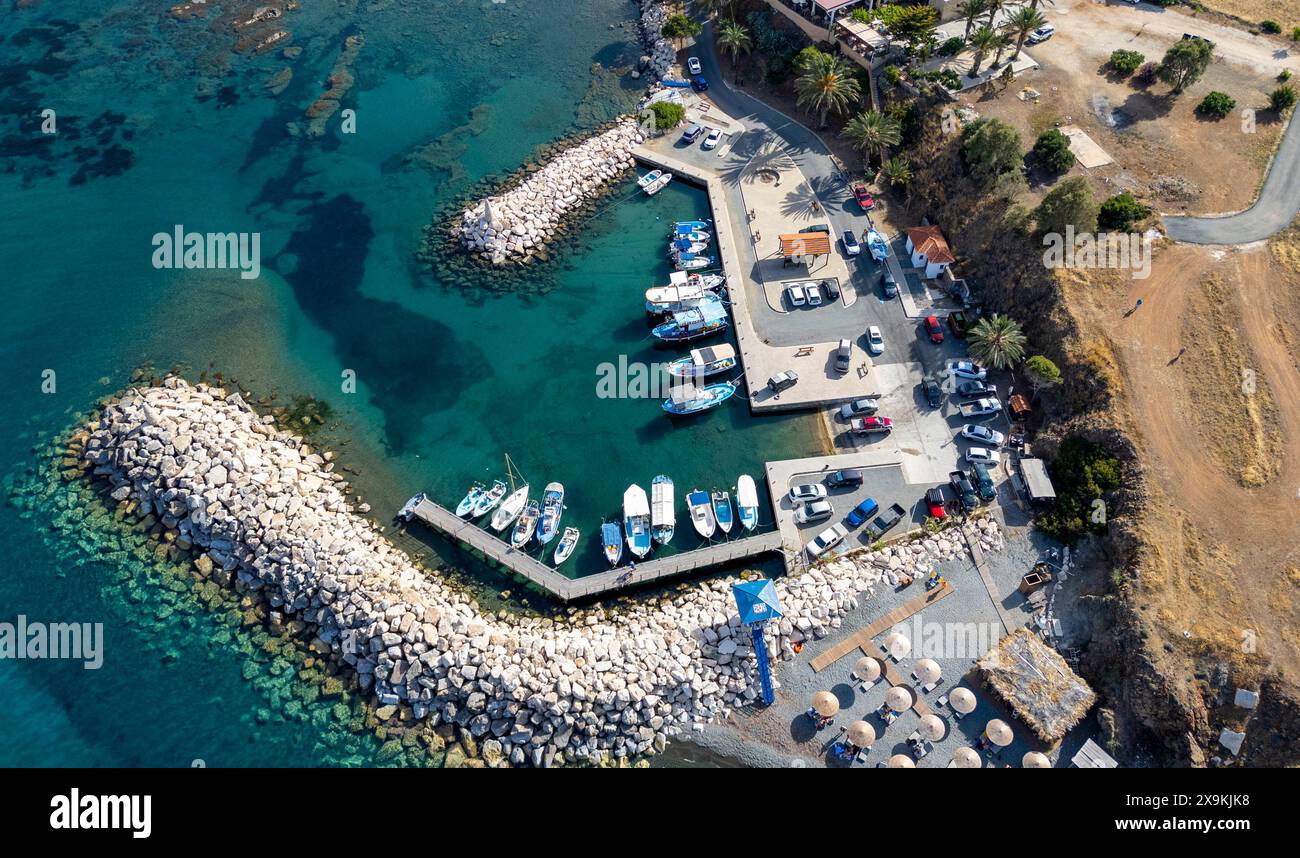Aerial drone view of Pomos harbour, Pomos, Republic of Cyprus. Stock Photo