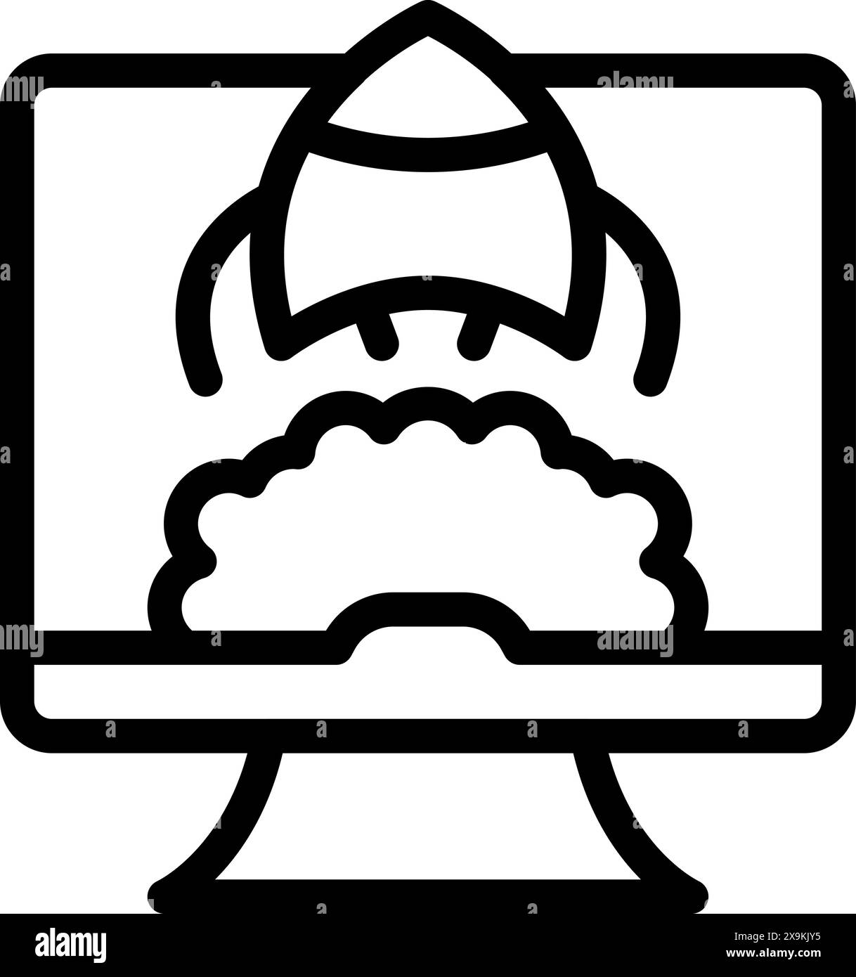 Vector illustration of a rocket launch icon on a monitor, symbolizing ...