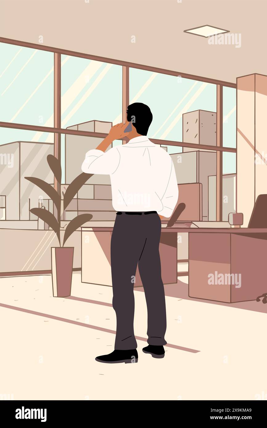Business man talking on phone standing rear view Stock Vector Image ...