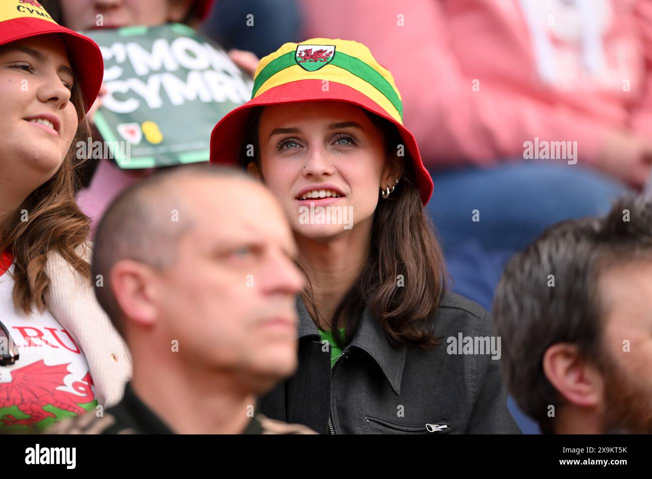 LLANELLI, WALES - 31 MAY 2024: Wales fans during the UEFA Women’s Euro 2025 qualifier League B match between Wales Women and Ukraine Women at Parc y Scarlets in Llanelli on the 31st of May 2024. (Pic by Ashley Crowden/FAW) Stock Photo