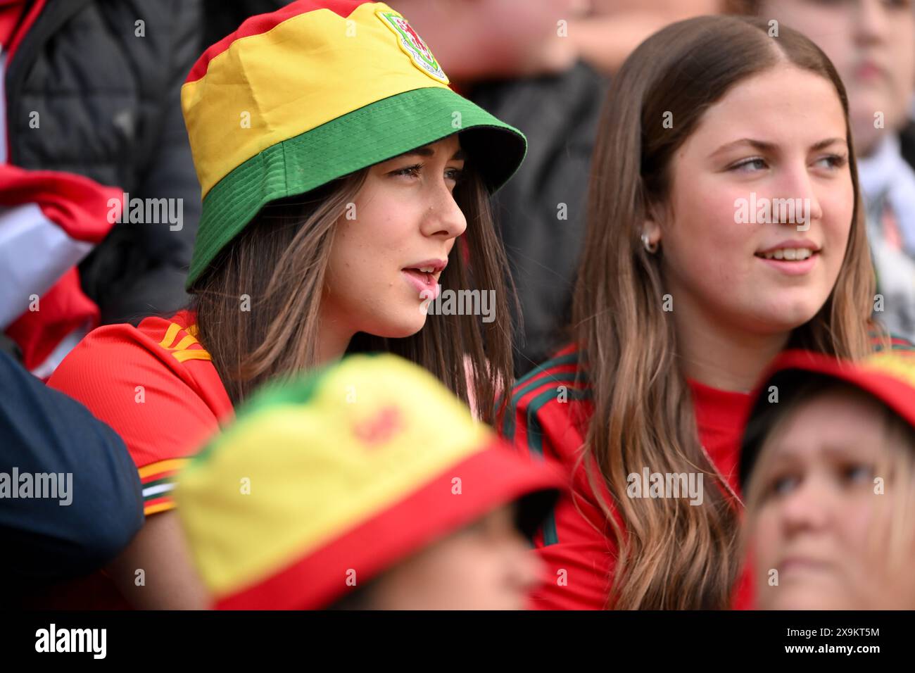 LLANELLI, WALES - 31 MAY 2024: Wales fans during the UEFA Women’s Euro 2025 qualifier League B match between Wales Women and Ukraine Women at Parc y Scarlets in Llanelli on the 31st of May 2024. (Pic by Ashley Crowden/FAW) Stock Photo