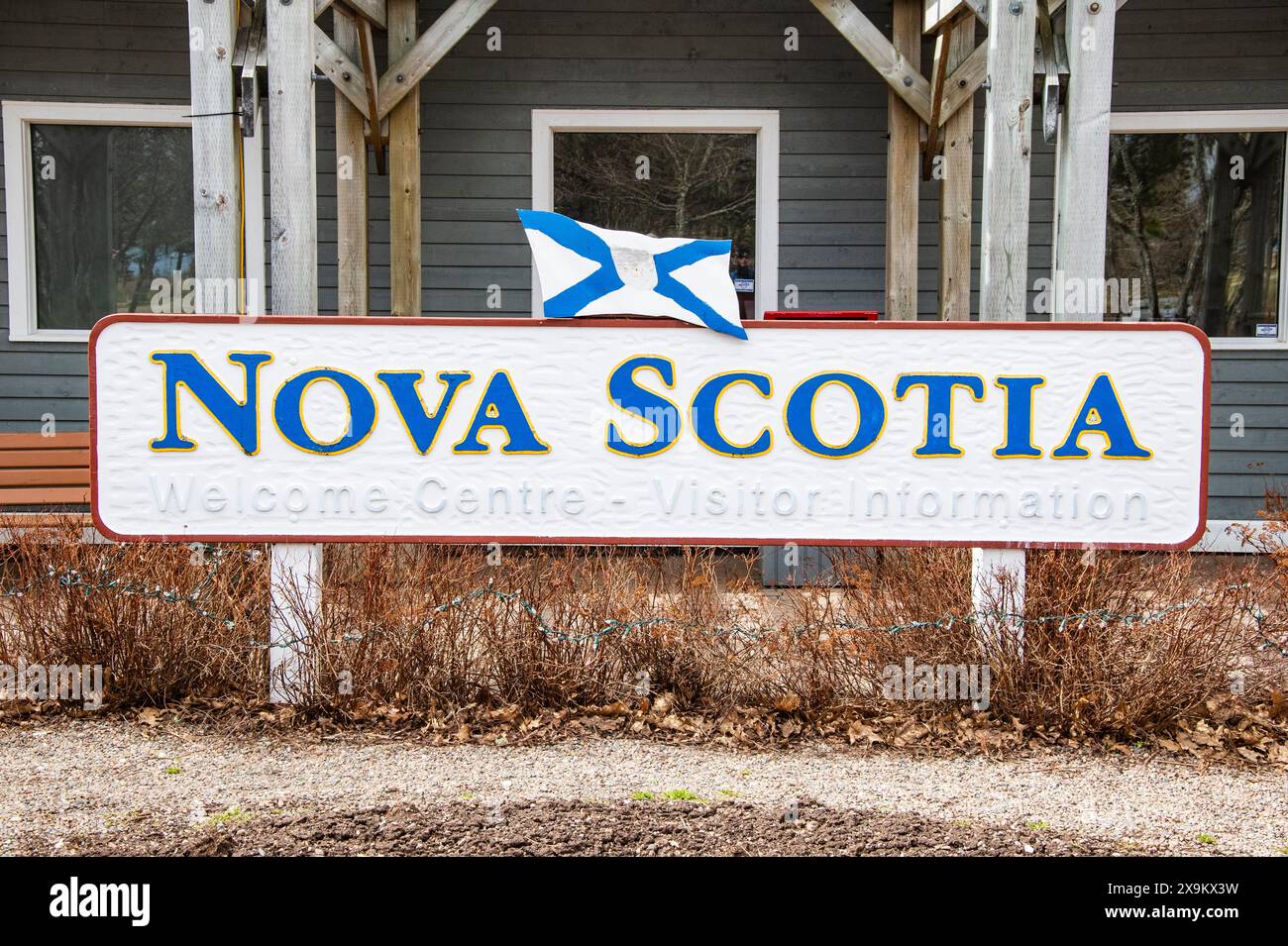 Welcome to the province of Nova Scotia at visitors centre in Amherst, Nova Scotia, Canada Stock Photo