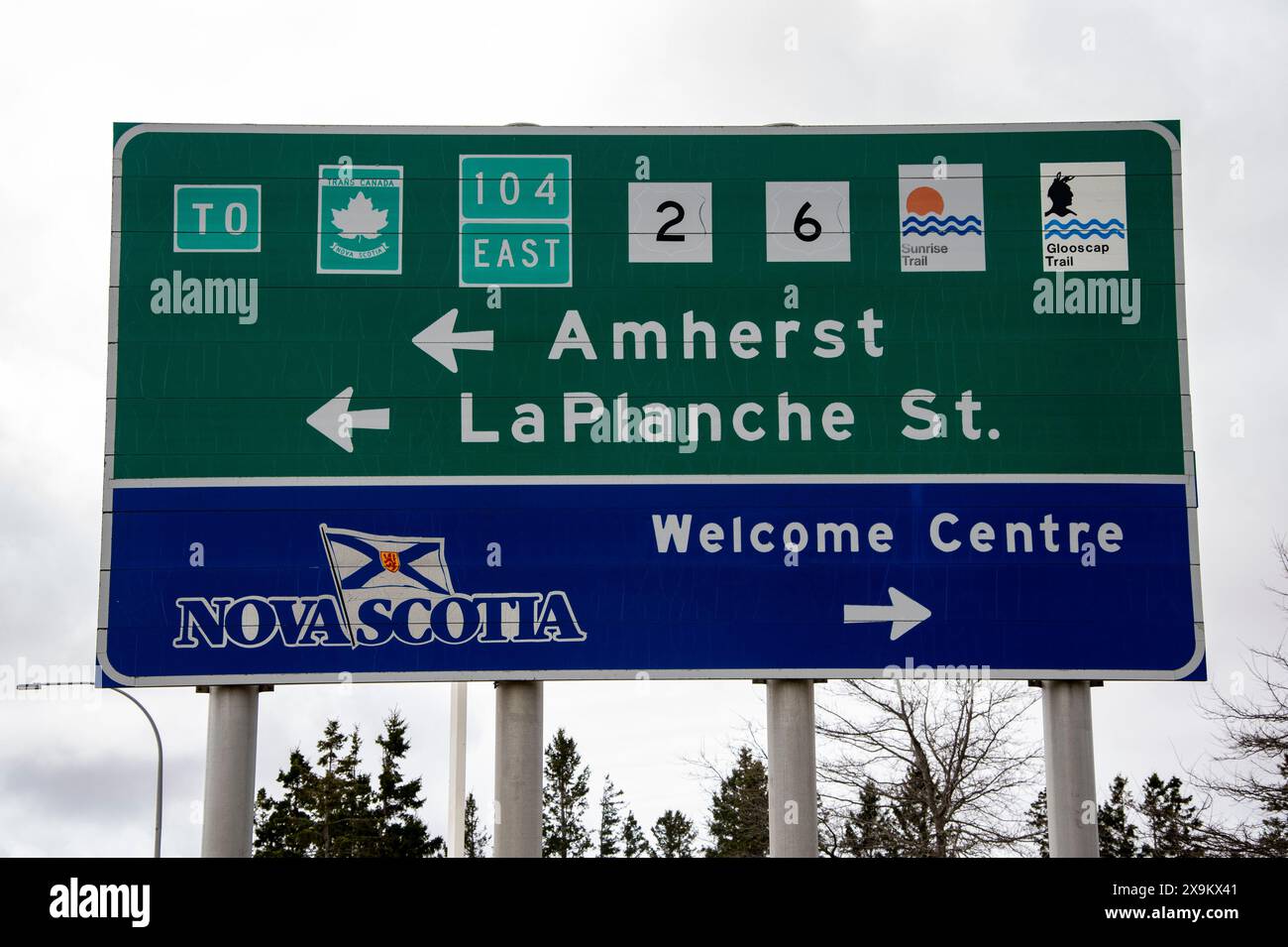 Highway sign on NS 104 in Amherst, Nova Scotia, Canada Stock Photo