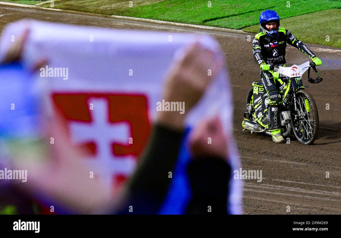 Prague, Czech Republic. 01st June, 2024. Winner Martin Vaculik (SVK) greets fans after the World Cup speedway event Grand Prix of Czech Republic in Prague, June 1st, 2024. Credit: Roman Vondrous/CTK Photo/Alamy Live News Stock Photo