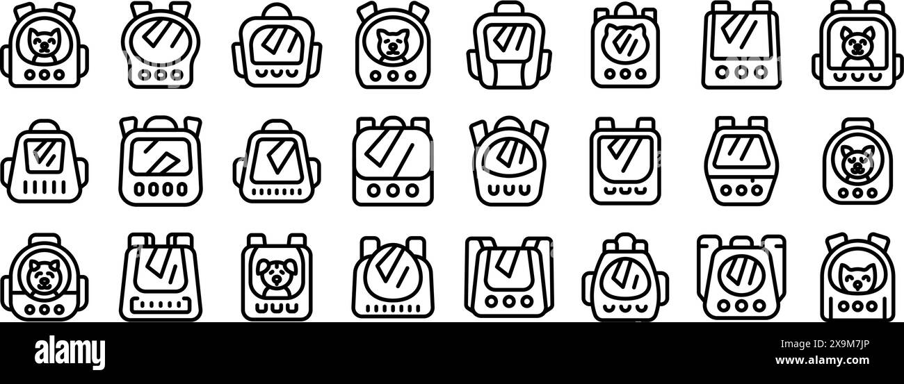 Backpack pet icons outline set vector. A series of cartoonish robot ...