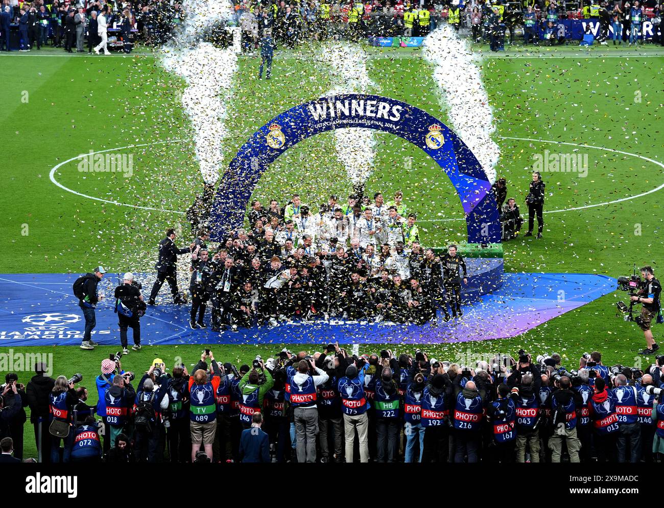 Real Madrid players and staff celebrate after winning the UEFA ...