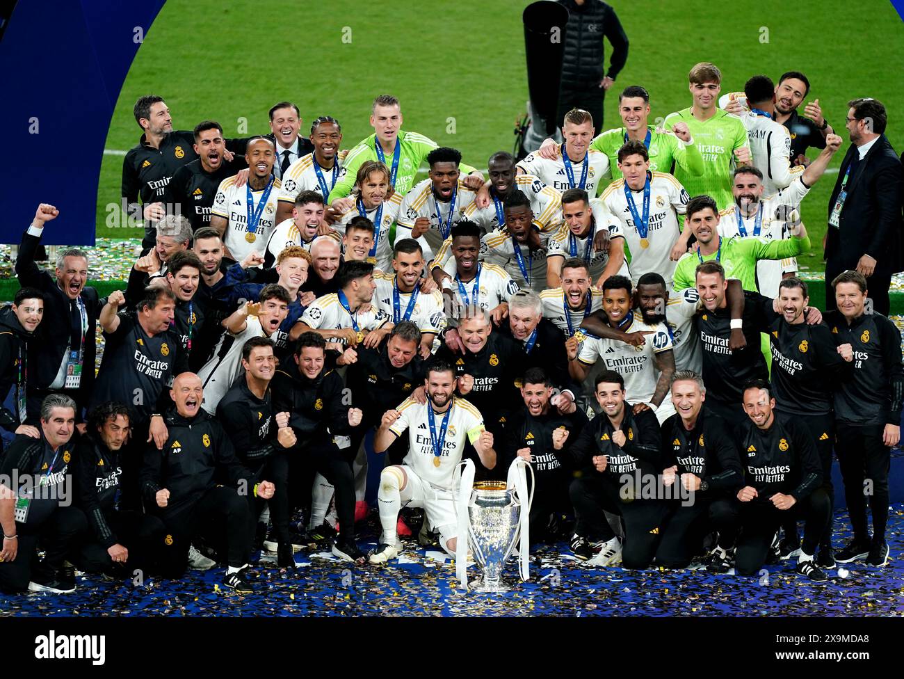 Real Madrid players and staff celebrate after winning the UEFA ...