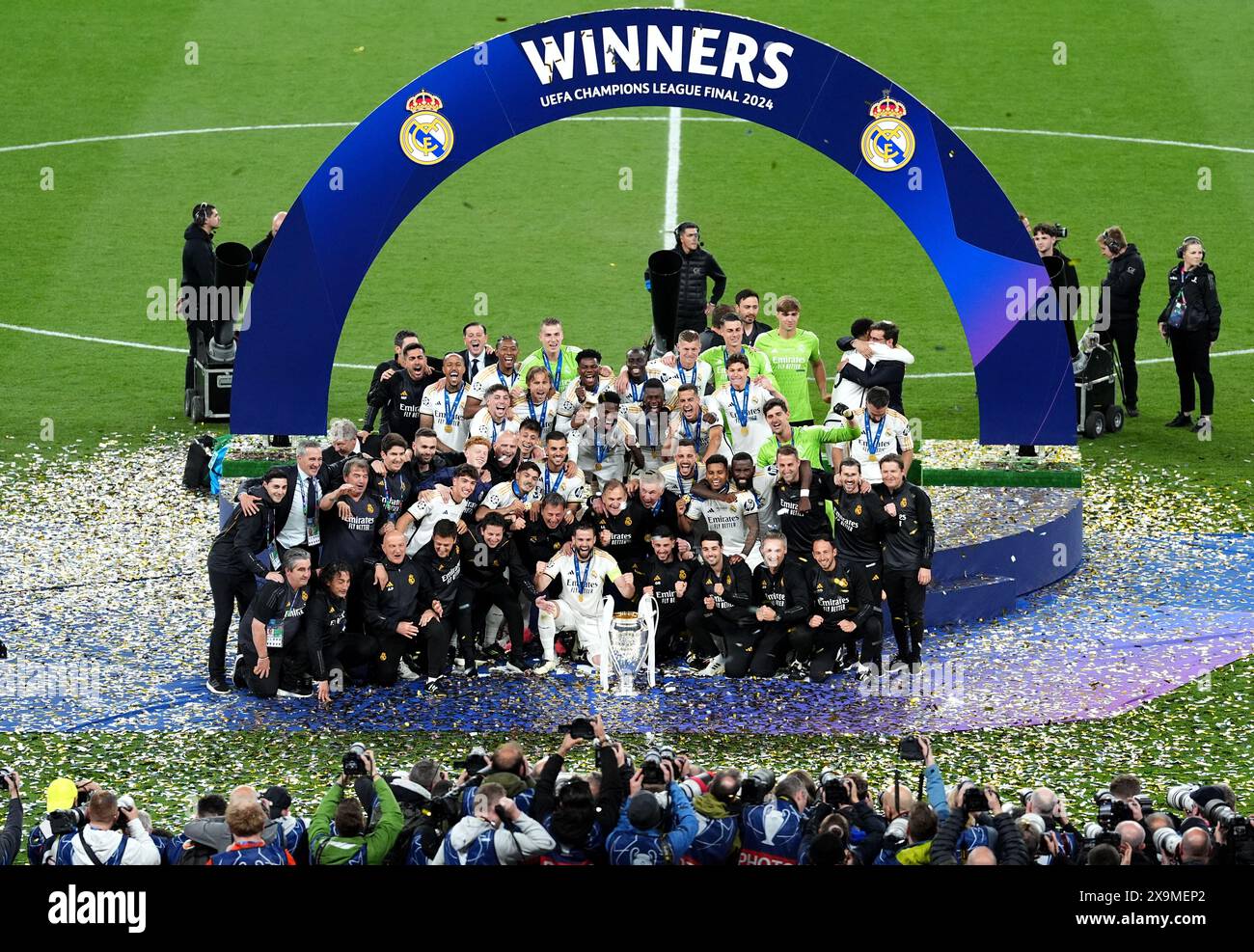 Real Madrid players and staff celebrate after winning the UEFA ...