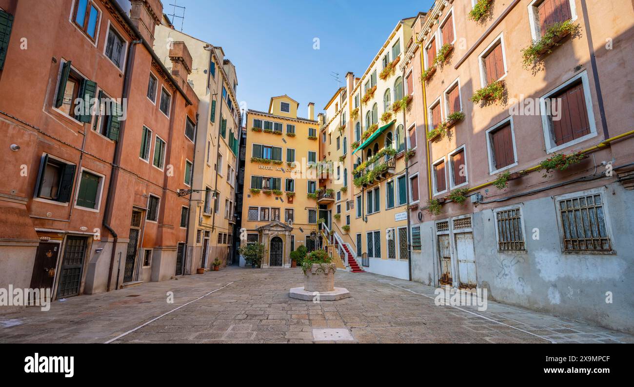Small square with colourful houses, Venice, Veneto, Italy Stock Photo