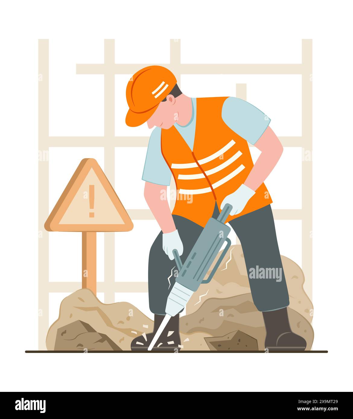 Construction Worker Man Using a Jackhammer to Break Up Concrete