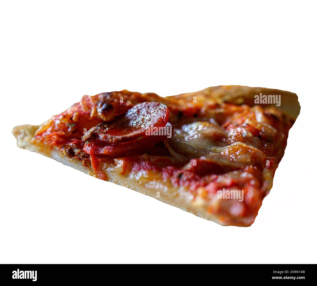 Classic pepperoni pizza slice isolated on a white background . Pizza