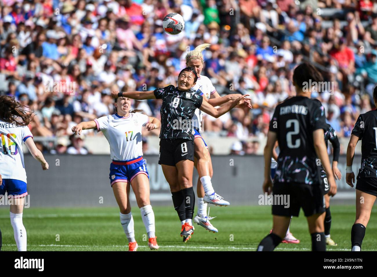 Commerce City, United States. 01st June, 2024. Commerce City, United States, June 1, 2024: Cho Sohyun (8 Korea Republic) and Lindsey Horan (10 United States) during the international friendly between United States and Korea Republic at DICK'S Sporting Goods Park in Commerce City, CO United States (EDITORIAL USAGE ONLY). (Rebekah Wynkoop/SPP) Credit: SPP Sport Press Photo. /Alamy Live News Stock Photo