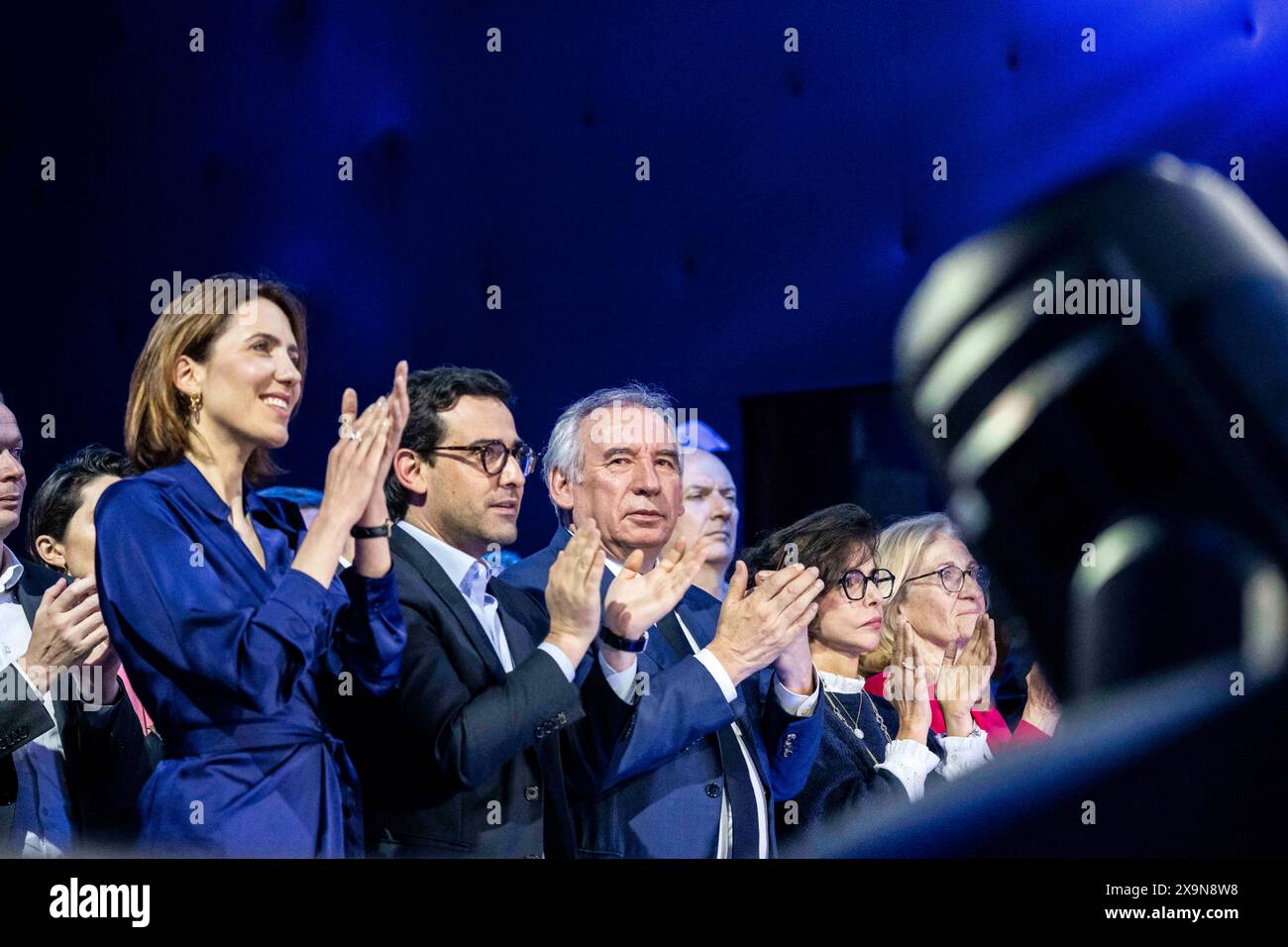 Francois Bayrou (with Gabriel Attal, Valerie Hayer, Stephane Sejourne ) during renew final campaign rally in Aubervilliers, northeastern suburbs of Paris, on June 1, 2024, ahead of the upcoming European Parliament elections.Photo by Eliot Blondet/ABACAPRESS.COM Credit: Abaca Press/Alamy Live News Stock Photo