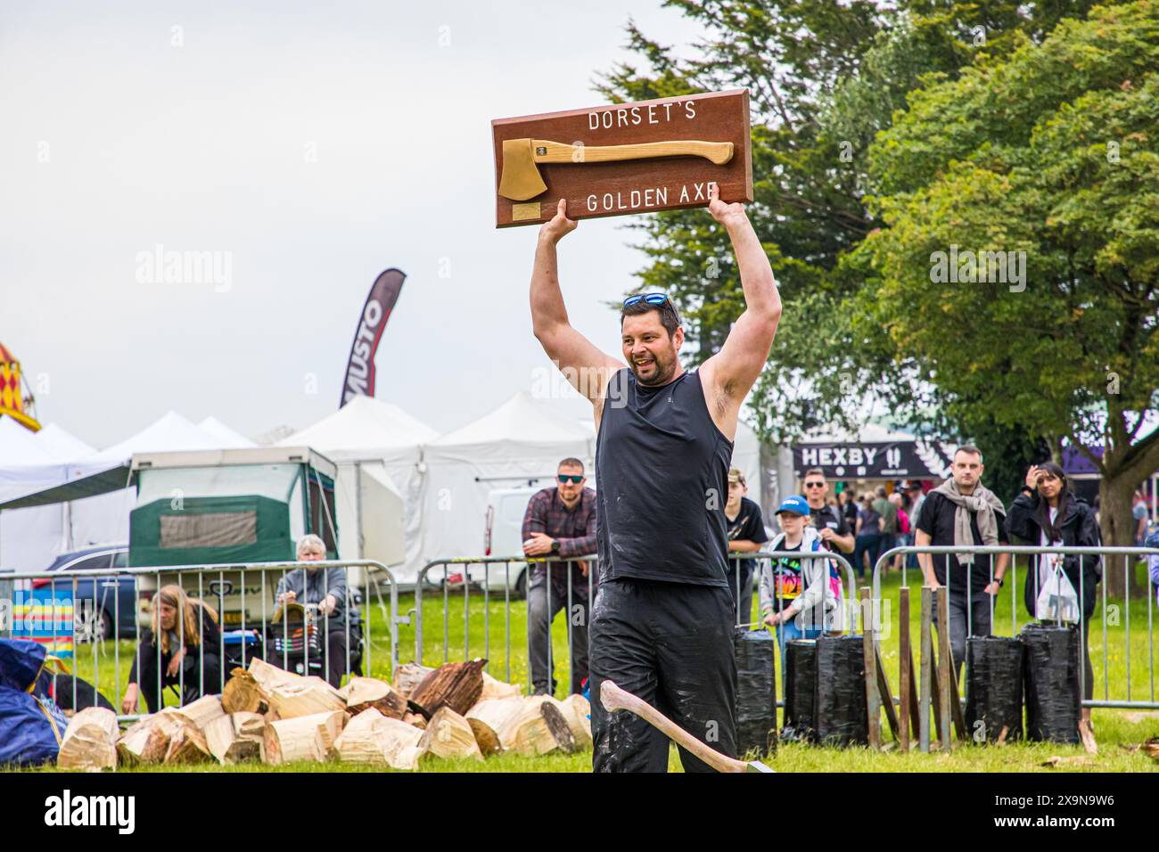 SHEPTON MALLET, SOMERSET, UK. 1st June, 2024,   Dorset Axemen displaying their skills to the crowds at the Royal Bath and West Show 2024. Credit John Rose/Alamy Live News Stock Photo