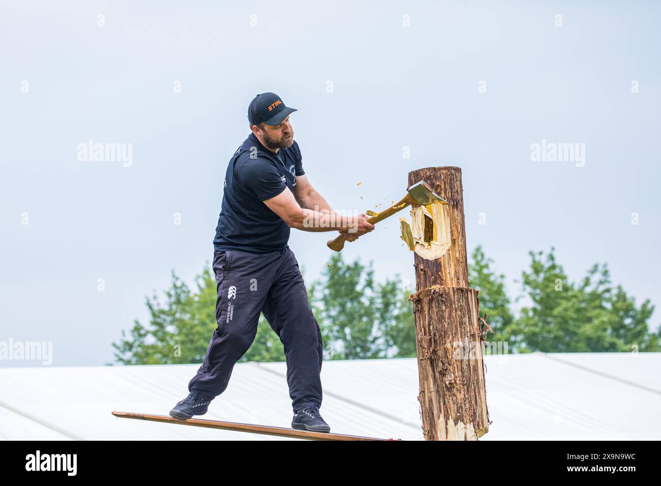 SHEPTON MALLET, SOMERSET, UK. 1st June, 2024,   Dorset Axemen displaying their skills to the crowds at the Royal Bath and West Show 2024. Credit John Rose/Alamy Live News Stock Photo