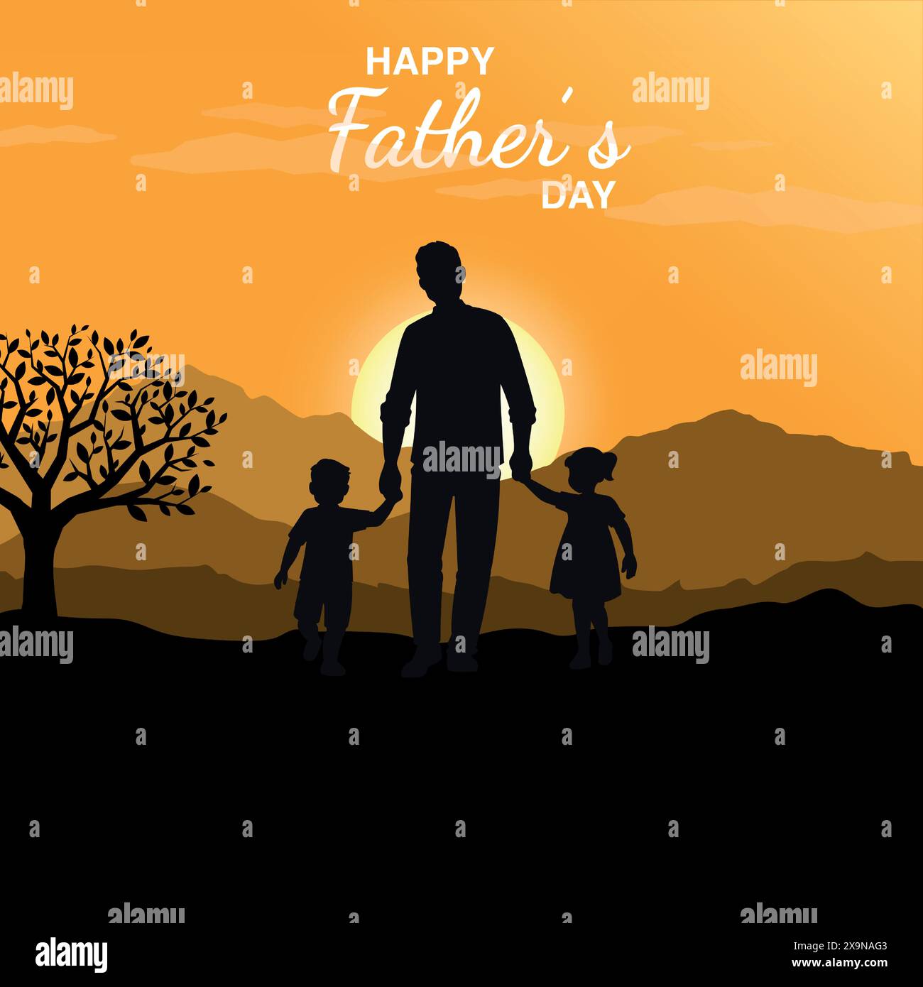 Happy Fathers day dad and kids beautiful silhouette sunset scene poster ...