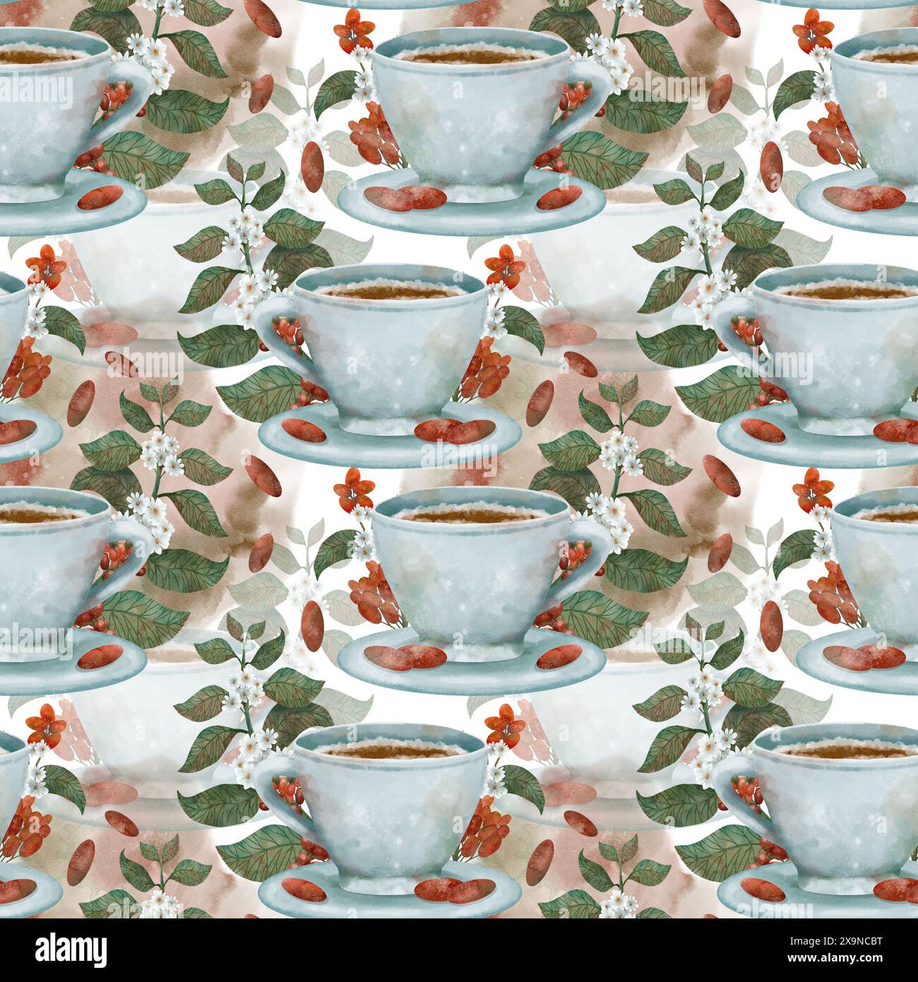 A beautiful seamless pattern featuring coffee cups, leaves, and flowers ...