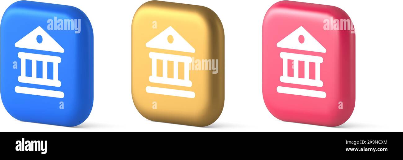 Museum antique building columns button gallery mythology civilization house 3d realistic blue gold and pink icons. Courthouse ancient bank historical Stock Vector