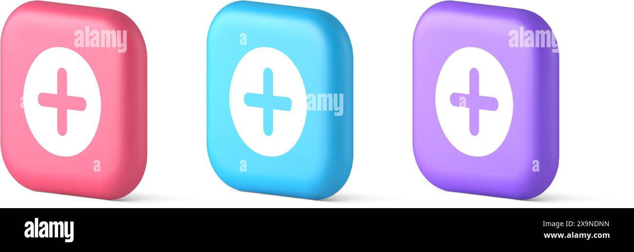 Plus add button mathematical addition symbol 3d realistic pink blue and ...