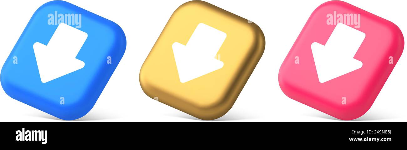 Arrow down button keyboard navigation pointer cyberspace downloading web app 3d realistic blue gold and pink icons. Application user interface compute Stock Vector