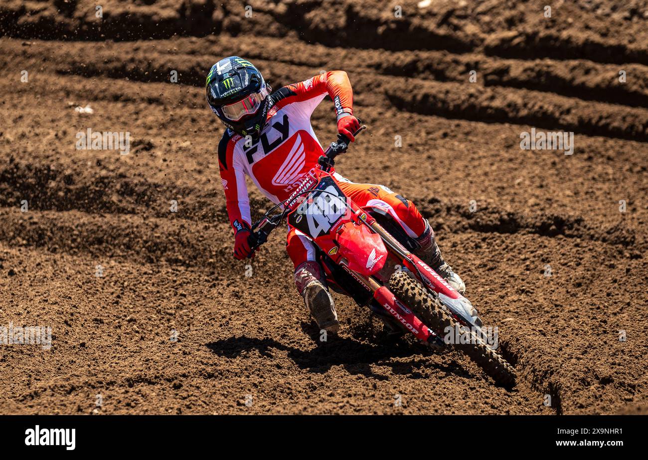 Sacramento, California, USA. June 01 2024 Sacramento, CA USA Chance Hymas Team Honda HRC(48) coming out of turn 16 during the Pro Motocross Championship 250 heat #1. Chance Hymas wins heat 1 at Hangtown Classic Sacramento, CA Thurman James/CSM (Credit Image: © Thurman James/Cal Sport Media) Credit: Cal Sport Media/Alamy Live News Stock Photo