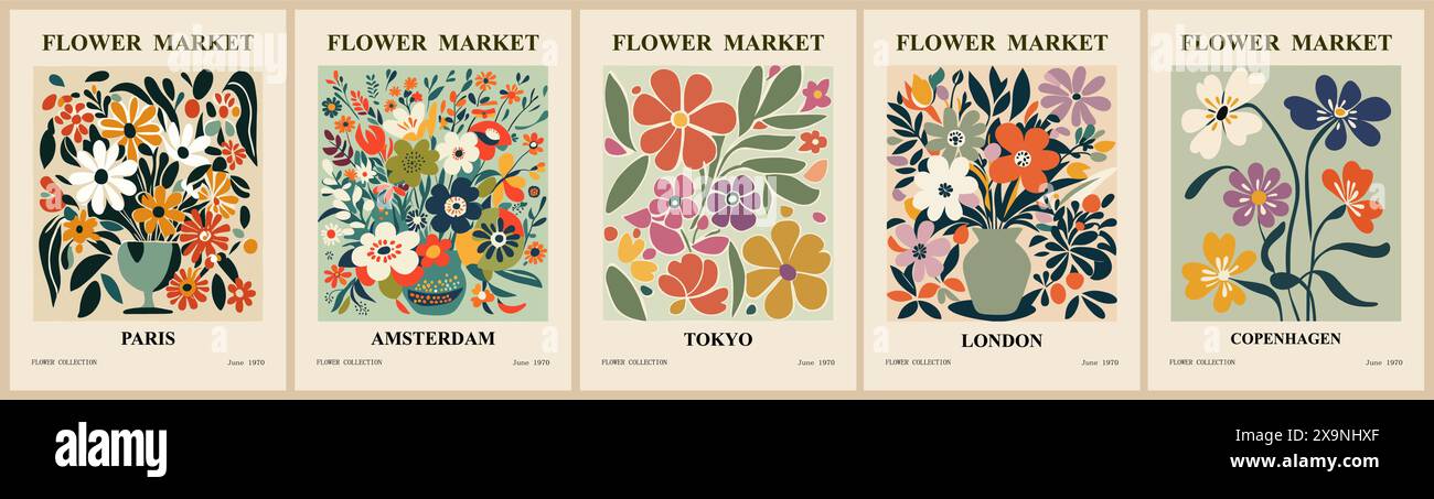 Set of abstract Flower Market posters vector art. Stock Vector