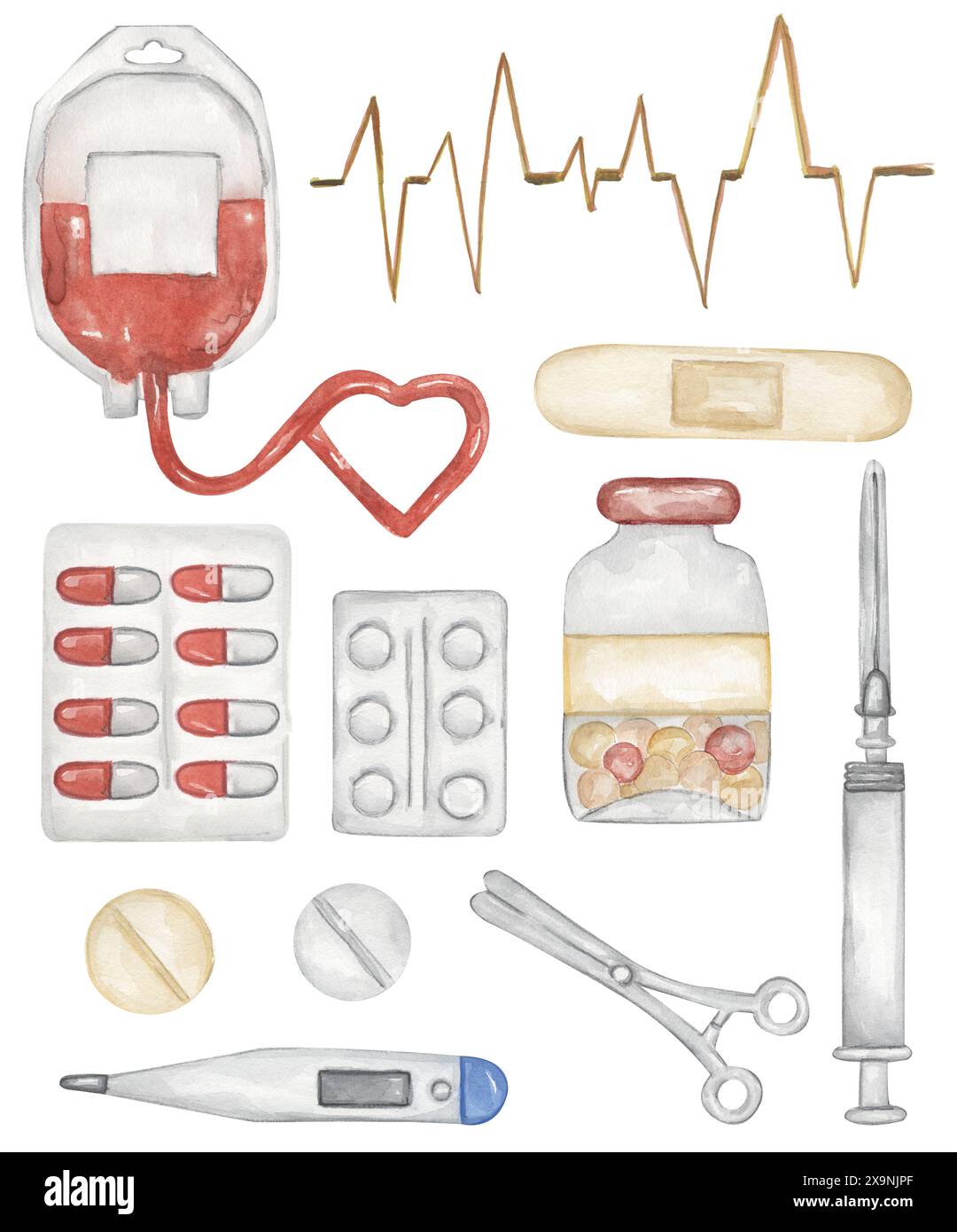 Watercolor medical devices clipart set, blood, medicine bottle, patch