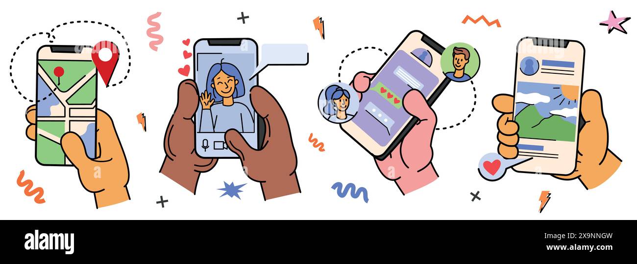 Vector doodle set of flat human hand with mobile phone screen. Diverse ...