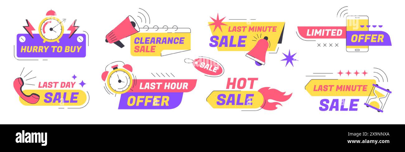 Last time offer badges with alarm clock, time countdown, hourglass and ...