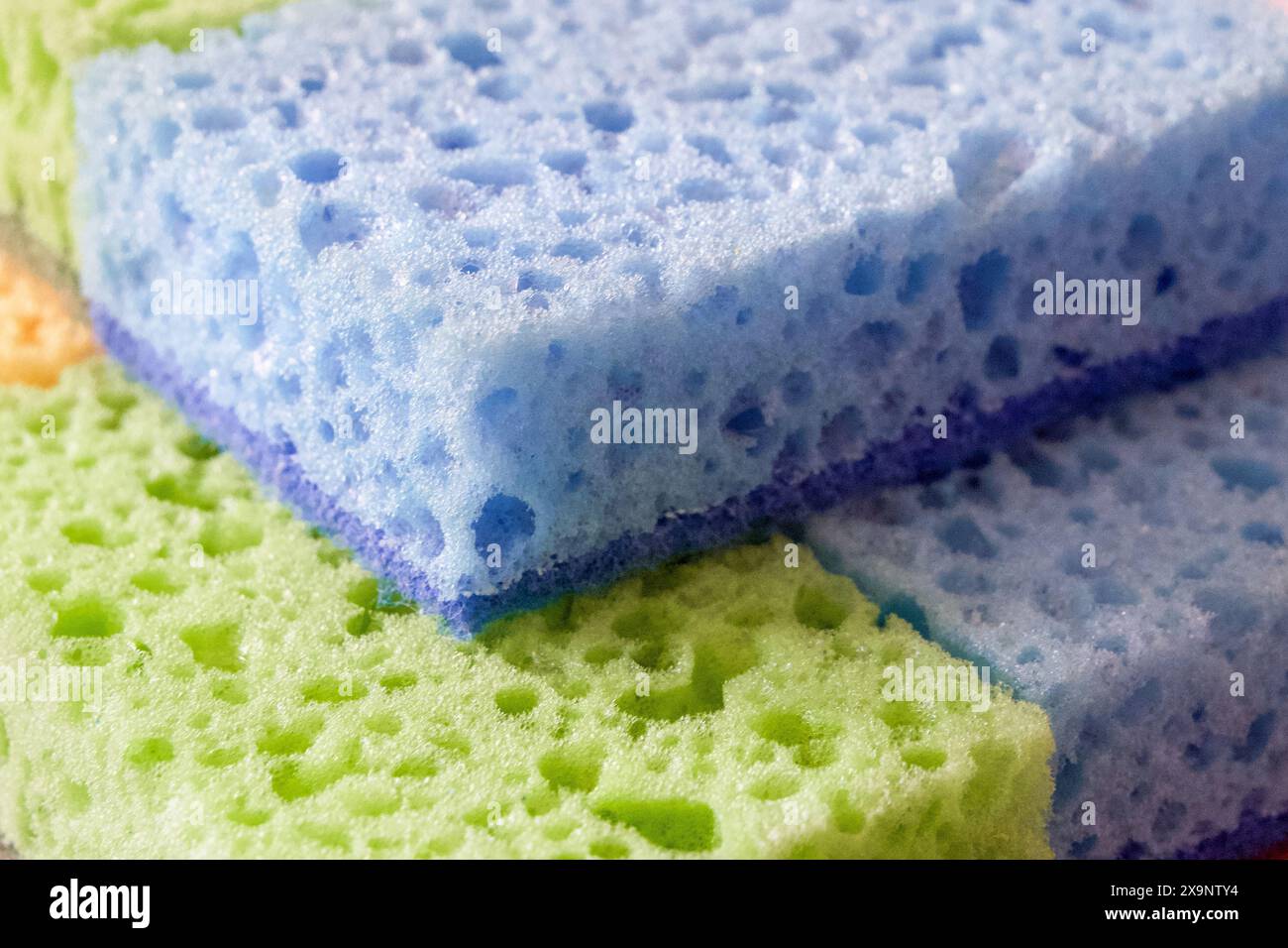 Washing Essentials. Colorful sponges with visible pores for scrubbing. Uses for Home maintenance articles, cleaning product ads. Stock Photo
