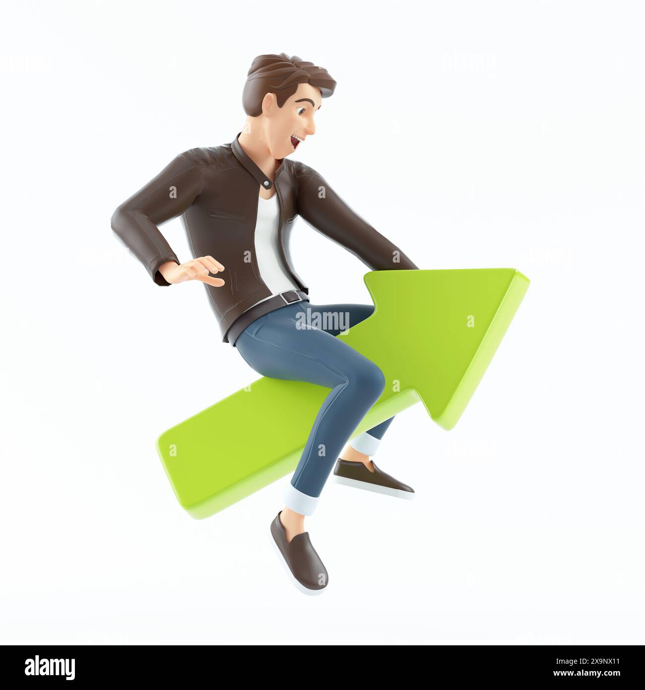 3d cartoon man riding green arrow up, illustration isolated on white ...