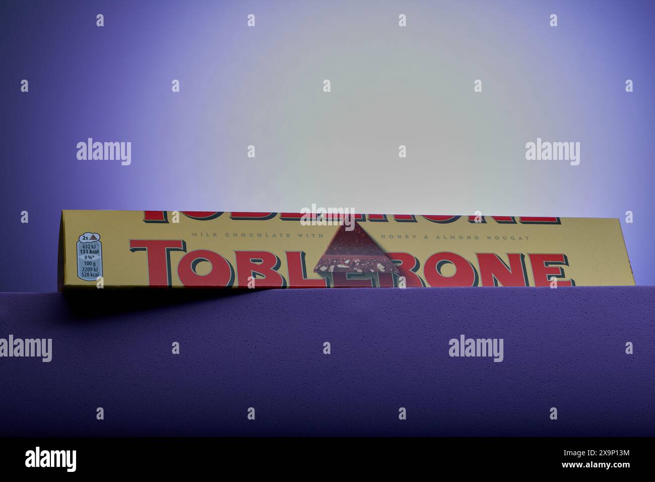 Mansfield,Nottingham,United Kingdom,2nd June 2024:Studio product image of a Toblerone chocolate bar. Stock Photo
